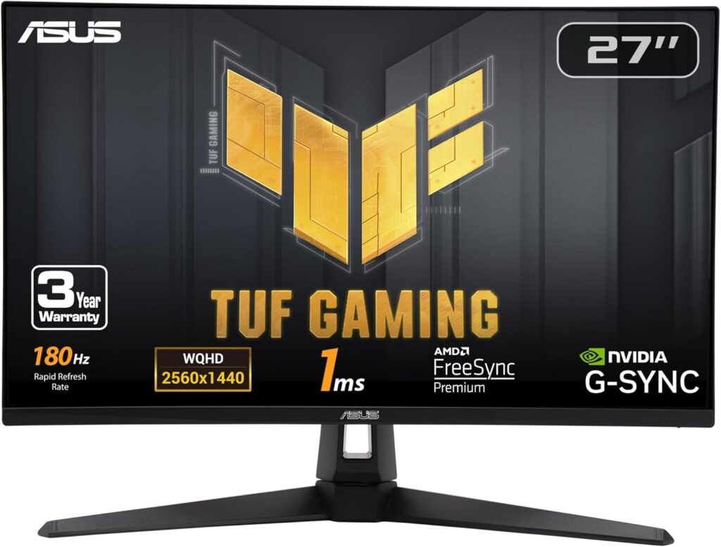 ASUS TUF VG27AQ3A monitor Best Gaming Monitor shown on desk with fast display rugged design today.