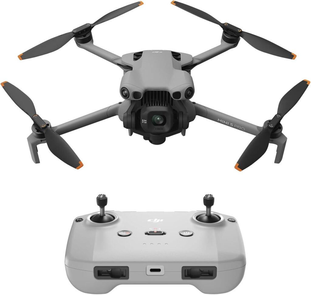 Best Budget Drone — A compact DJI Mini 5 Pro drone in flight capturing high-resolution aerial footage with its 1-inch CMOS camera and advanced obstacle-sensing system.