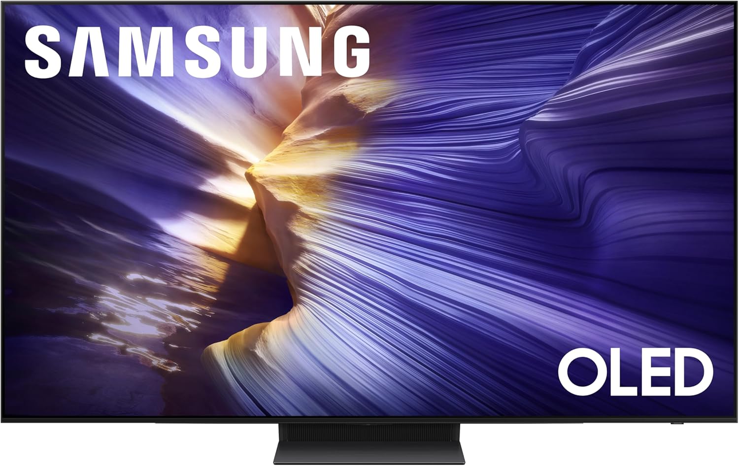 Best OLED TVs — Samsung S90F OLED 4K smart TV showing vibrant colors, deep blacks, slim design, AI processor, smooth gaming performance, Dolby Atmos, and smart Tizen interface