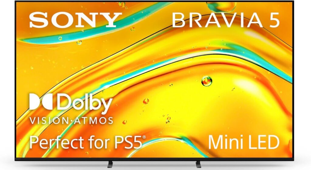 Best Sony TVs — Sony BRAVIA 5 4K smart TV displaying vibrant HDR colors, slim bezel design, Google TV interface, cinematic viewing experience, enhanced contrast, powerful processor, room setup
