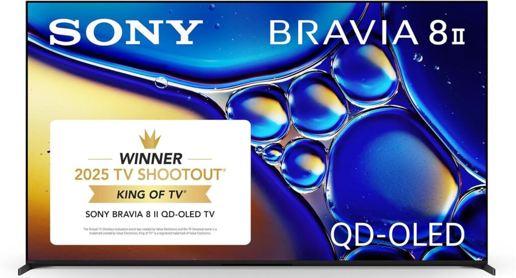 Best OLED TVs — Sony BRAVIA 8 II OLED 4K smart TV displaying deep blacks, vivid colors, ultra-slim design, XR processor, Google TV, cinematic visuals, immersive home entertainment