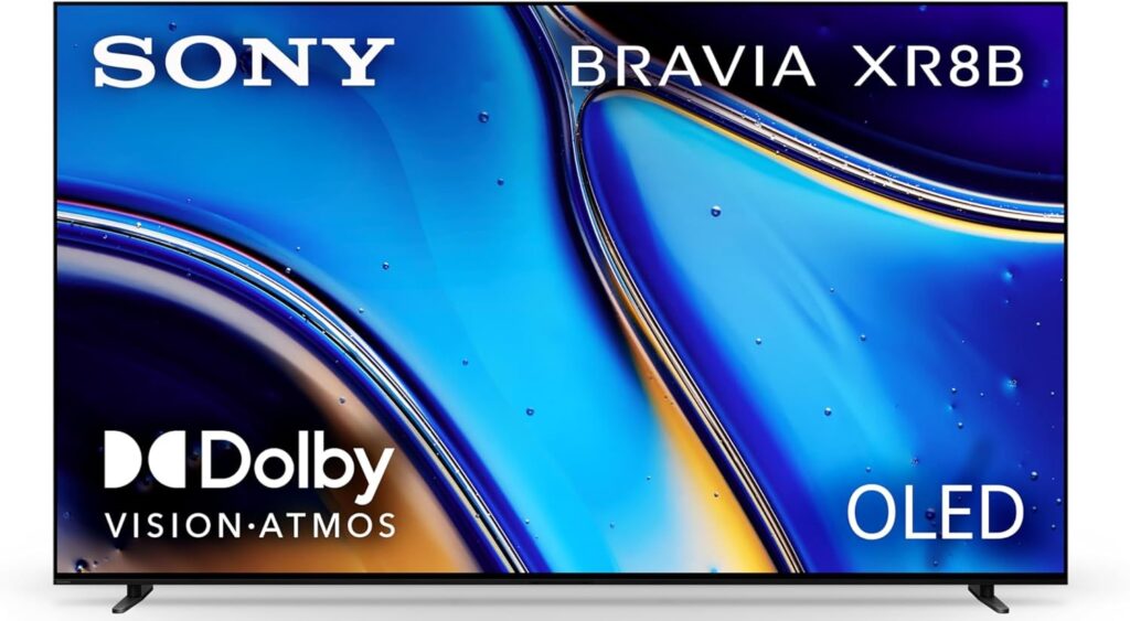 Best Sony TVs — Sony BRAVIA XR8B 4K smart TV showcasing vibrant colors, XR processor clarity, slim design, immersive display, Google TV interface, enhanced contrast, cinematic viewing experience